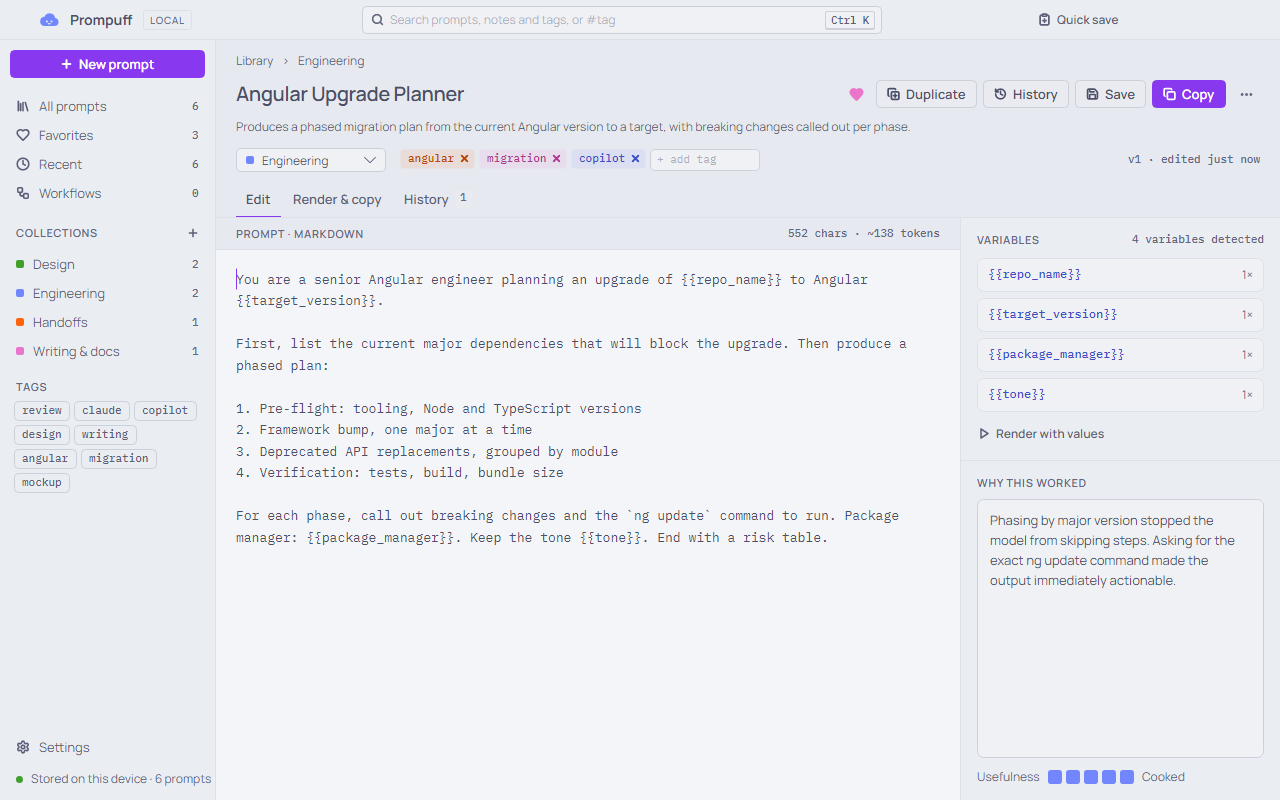 Angular Upgrade Planner in Catppuccin Latte: the prompt in the editor, its four variables listed on the right, and a Why this worked note below them.