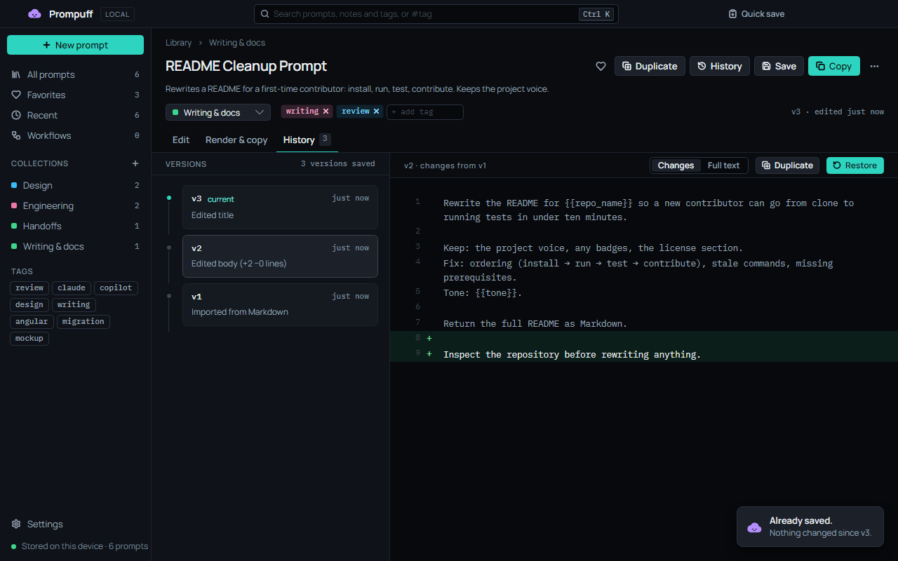 The History tab for README Cleanup Prompt: three versions on the left with short notes, and a line diff on the right showing two added lines.