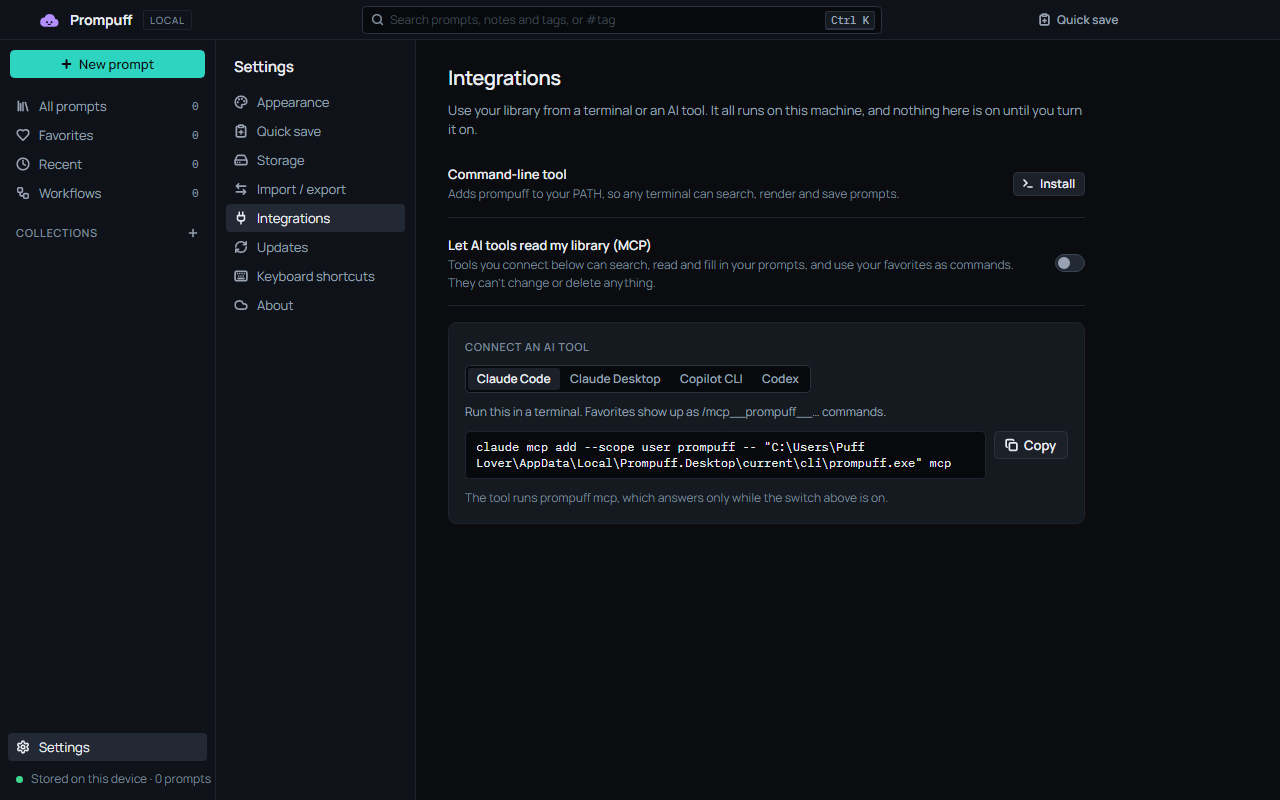 Settings, Integrations: an Install button for the command-line tool, the Let AI tools read my library switch turned off, and a ready-to-copy Claude Code setup command.