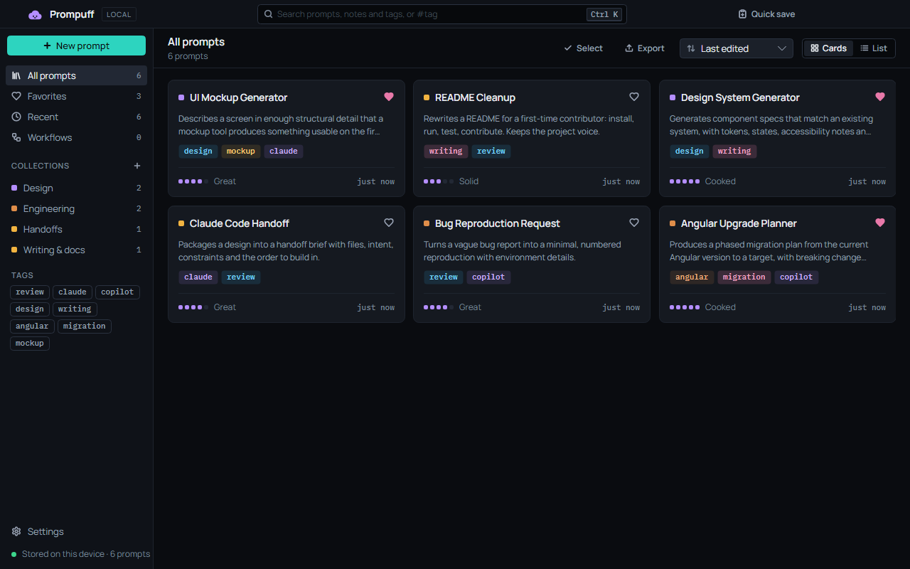 The Prompuff library in Prompuff Dark: a sidebar with collections and tags, and six prompt cards, each with its tags, a usefulness rating and when it was last edited.
