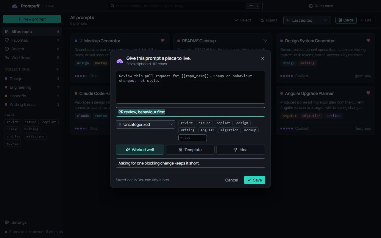 The Quick save dialog over the library, holding a copied prompt with a suggested title, a collection picker, tags, Worked well, Template and Idea buttons, a note, and Save.