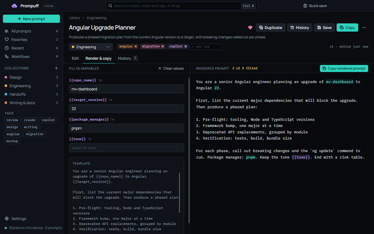 The Render and copy tab for Angular Upgrade Planner: four variables on the left with three filled in, and the rendered prompt on the right with the filled values marked and the empty tone variable highlighted.