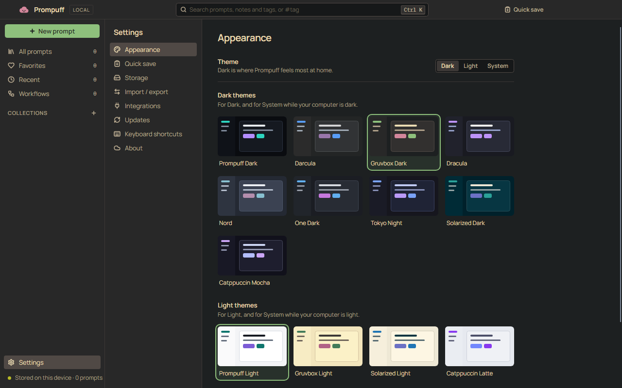 Settings, Appearance, in Gruvbox Dark: a Dark, Light and System switch, nine dark themes and four light themes shown as small previews, with Gruvbox Dark and Prompuff Light picked.