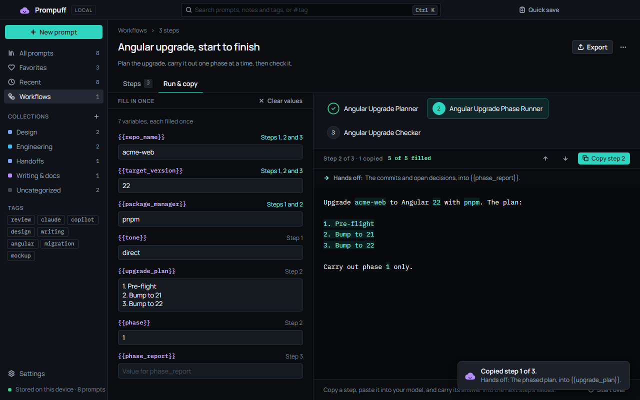 The workflow Angular upgrade, start to finish, on step 2 of 3: shared variables filled in once on the left, and step 2 rendered on the right with the plan pasted in from step 1.
